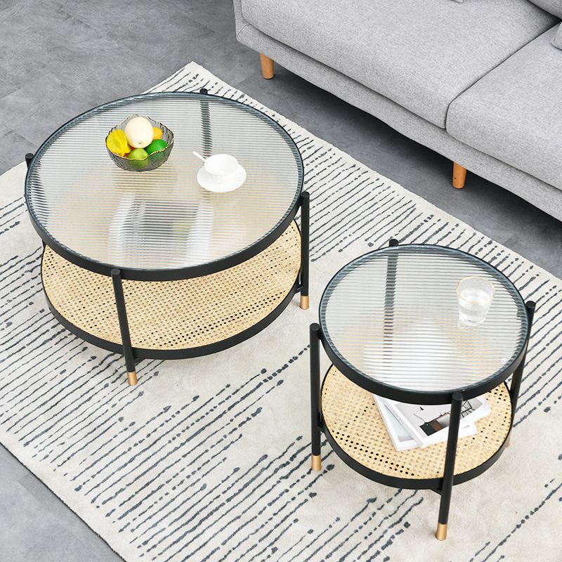 Modern Clear Glass Coffee Table with Storage Round 4 Legs Cocktail Table Set