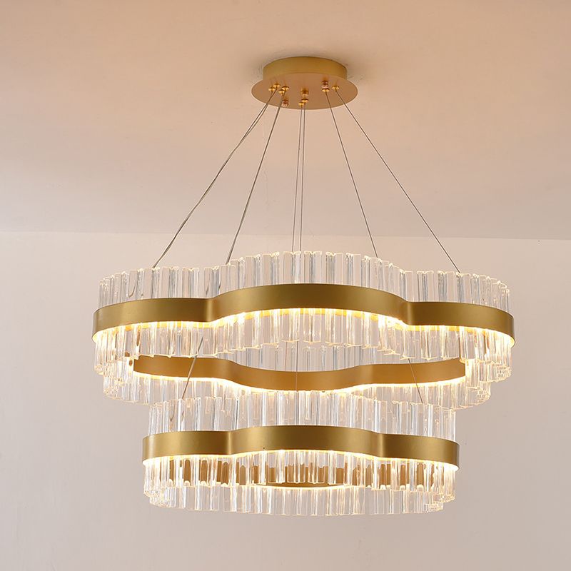 1/2 Tiers Flower Living Room Ceiling Chandelier Crystal 23.5"/31.5" Wide Led Minimalist Hanging Light Kit in Black/Gold