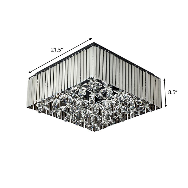 Squared Bedroom Flush Mount Smoke Gray Crystal 7 Heads Modernism Flush Light Fixture with Flower Droplet Inside