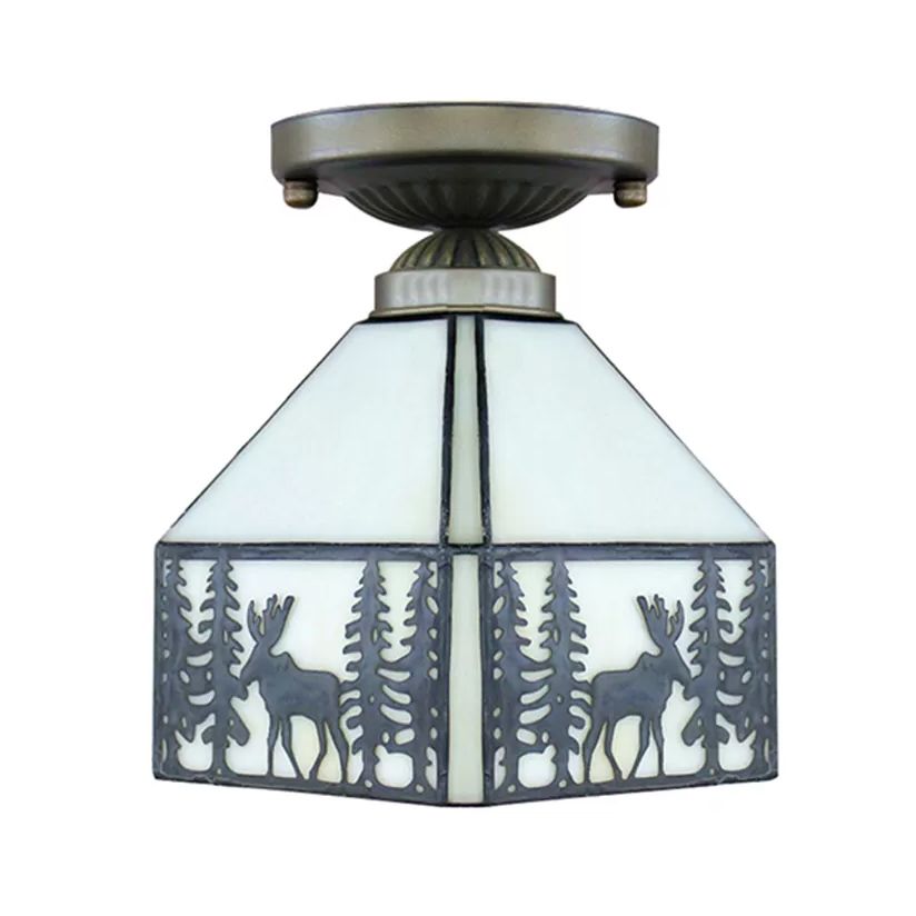 Plafonnier Mission, semi-plafonnier géométrique en beige avec abat-jour en verre artistique et motif de cerf pour chambre à coucher