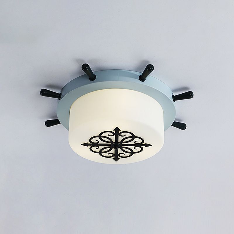 White Glass Drum Flush Ceiling Light Kids LED Flush Mount Fixture with Rudder Blue/Brown Canopy