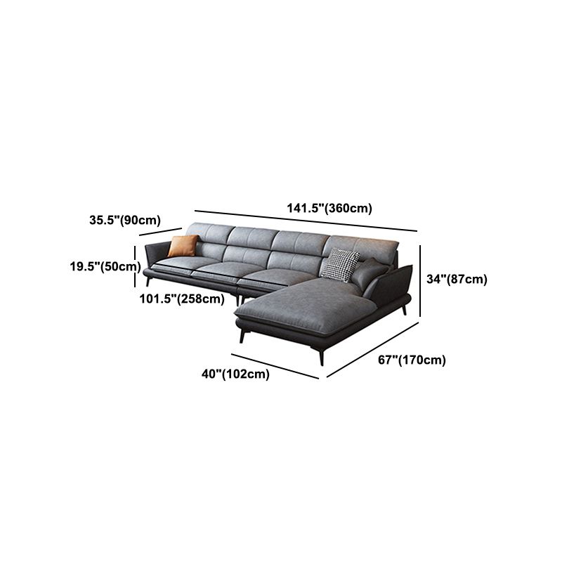 Flared Arm Sofa & Chaise Modern Faux Leather Sofa in Dark Grey