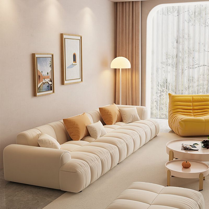 Scandinavian Wood Frame Recessed Arm Sofa in White for Living Room