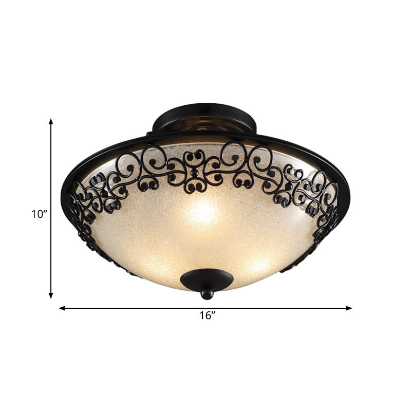 3 Bulbs Frosted Glass Semi Flush Rural Black Butterfly-Embellished Bowl Bedroom Close to Ceiling Light