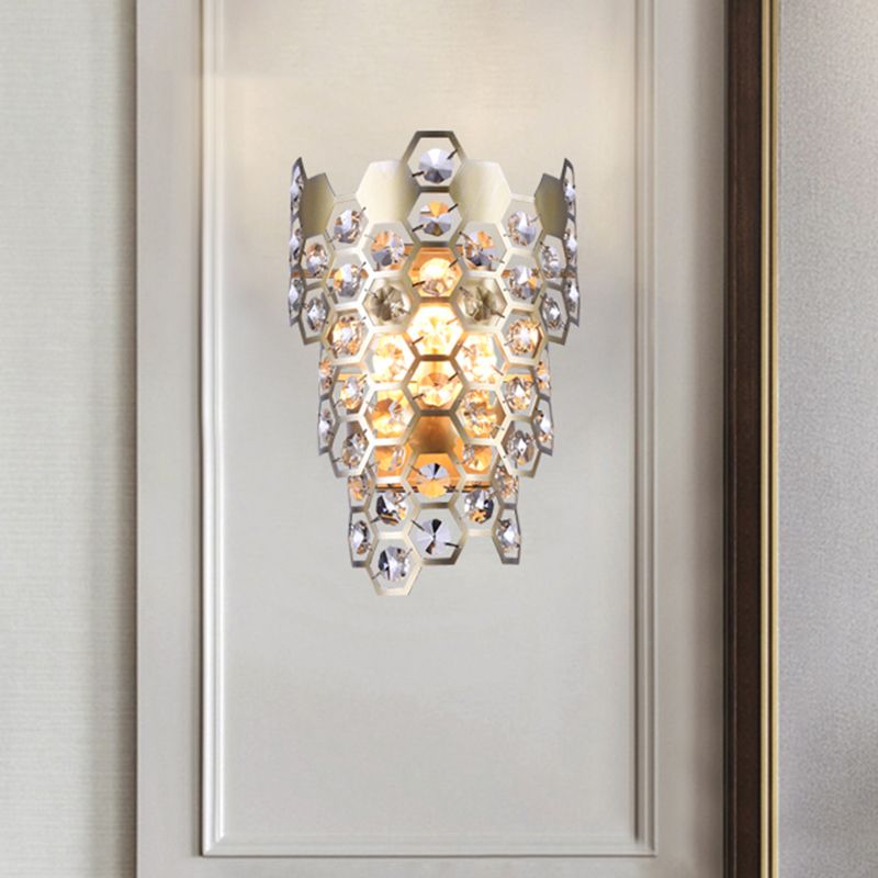 Contemporary Tapered Flush Wall Sconce 3 Bulbs Hexagon-Crystal Embedded Wall Mounted Light in Champagne