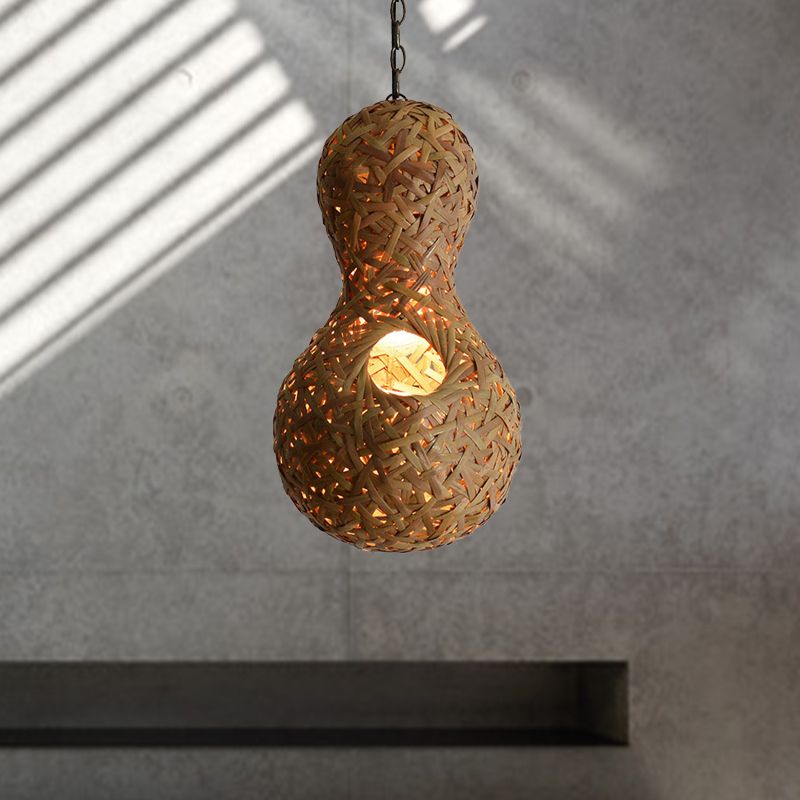 1 Bulb Restaurant Ceiling Lamp Asia Beige Pendant Light Fixture with Gourd Bamboo Shade