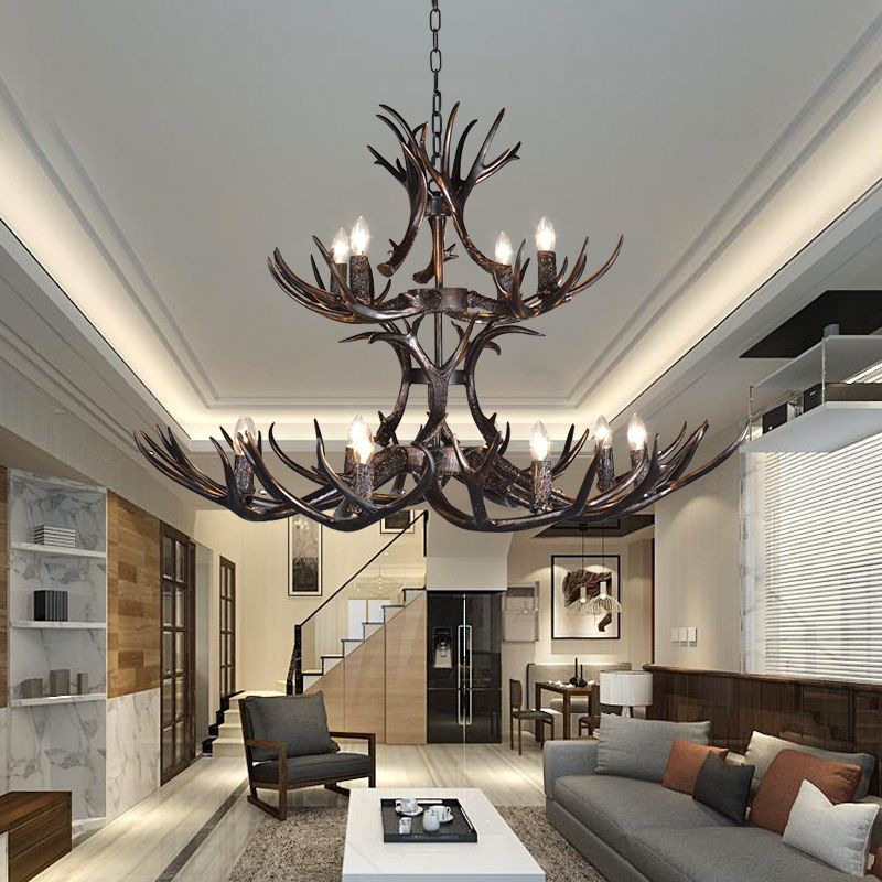 3/5/6 Heads Resin Chandelier Vintage Style Black Candelabra Living Room Pendant Light with Adjustable Chain