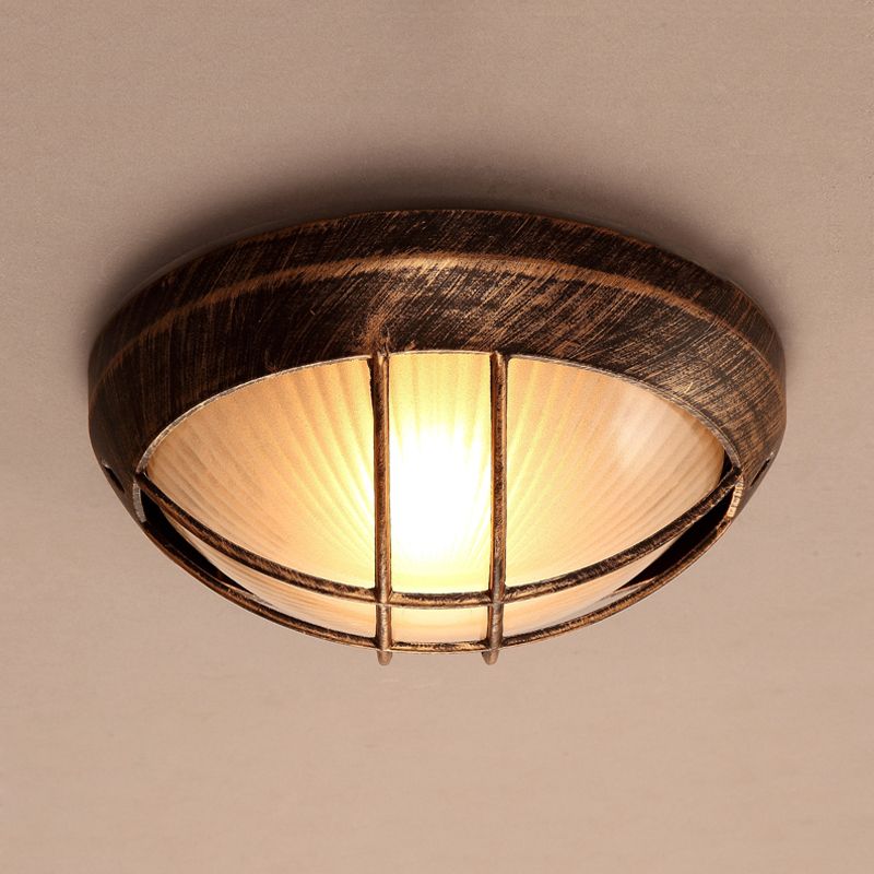 Plafonnier rustique à 1 ampoule en verre nervuré Bowl, pour porche, en bronze avec cage en métal