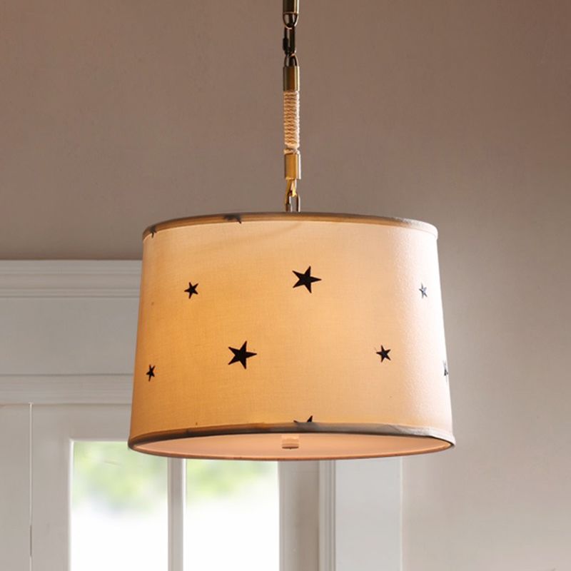 Drum Fabric Chandelier Light Fixture Kids 5 Bulbs Beige Suspension Lighting with Star Pattern for Bedroom
