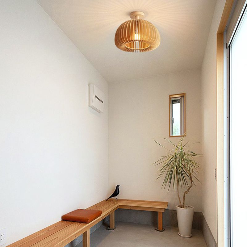 1-Light Ceiling Light Modern Ceiling Mount Light with Wood Shade for Living Room