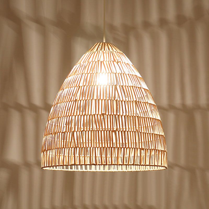 Cloche Shaped Rattan Hanging Ceiling Light Asian Single Wood Pendant Lighting Fixture