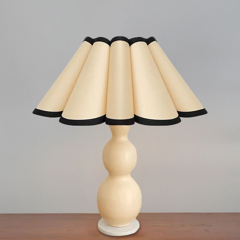 Nordic Flared Night Lamp Fabric 1-Bulb Bedside Table Lighting with Porcelain Gourd Base in Coffee/Beige