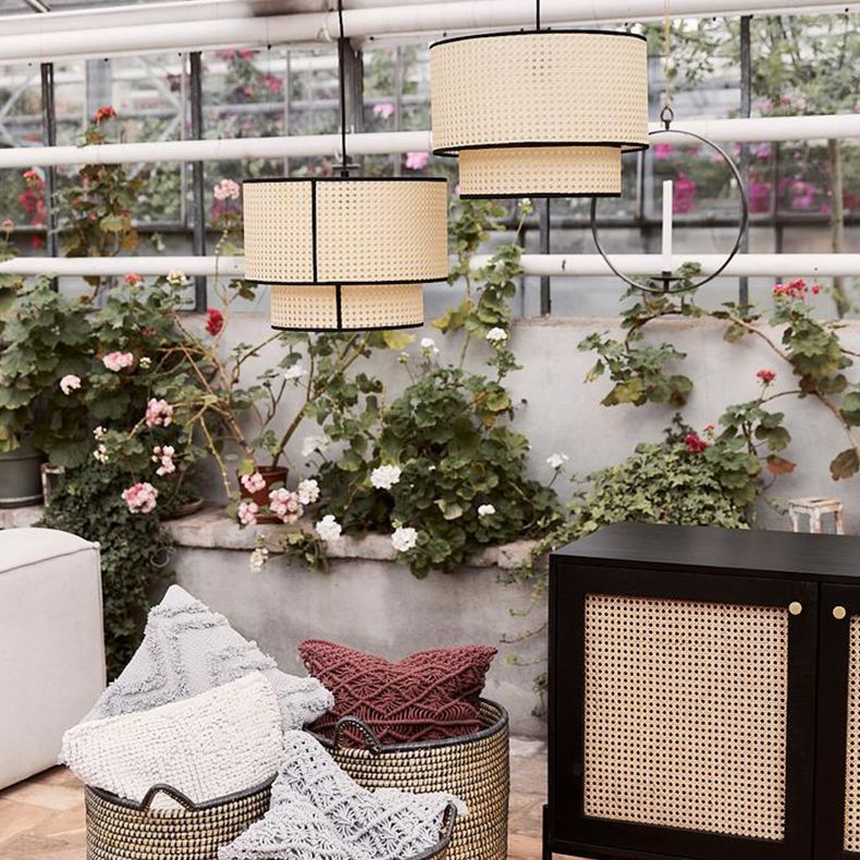 Beige Hand-Worked Pendant Chinese Style 1 Bulb Bamboo Cylindrical Hanging Light for Dining Table