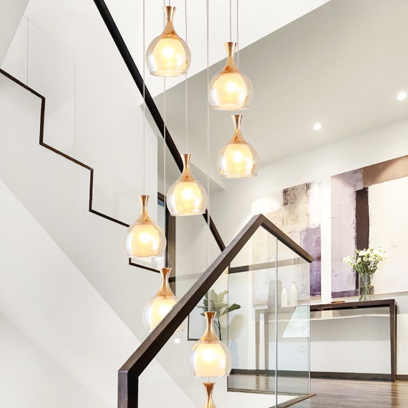 Gold 8-Bulb Ceiling Light Modernism Clear Glass Dome Multi Lamp Pendant with Round Canopy