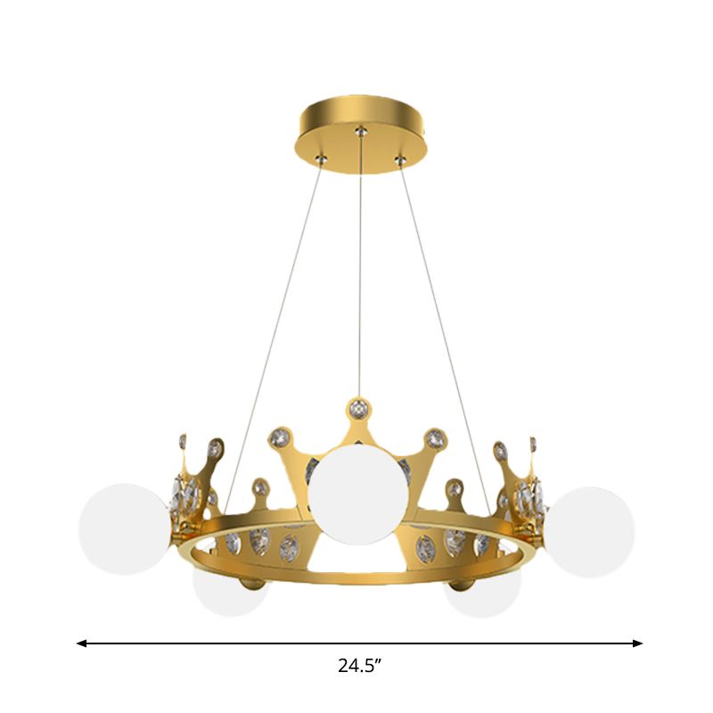 Metal Crown Chandelier Lamp Kids 5/8 Lights Hanging Light with Ball Frosted Glass Shade in Gold