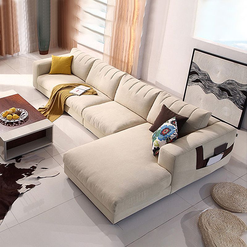 Modern Cotton Stationary Sofa 4-seat Square Arm Sofa & Chaise