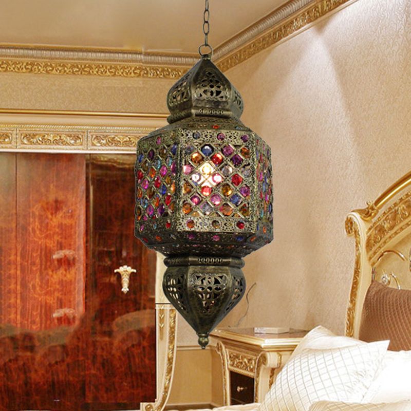 Metal Bronze Suspended Lighting Fixture Lantern 1 Head Vintage Ceiling Pendant Light for Bedroom