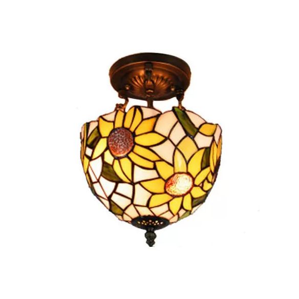 Bedroom Ceiling Light Tiffany, Sunflower Semi Flush Light with Rod and Stained Glass Shade