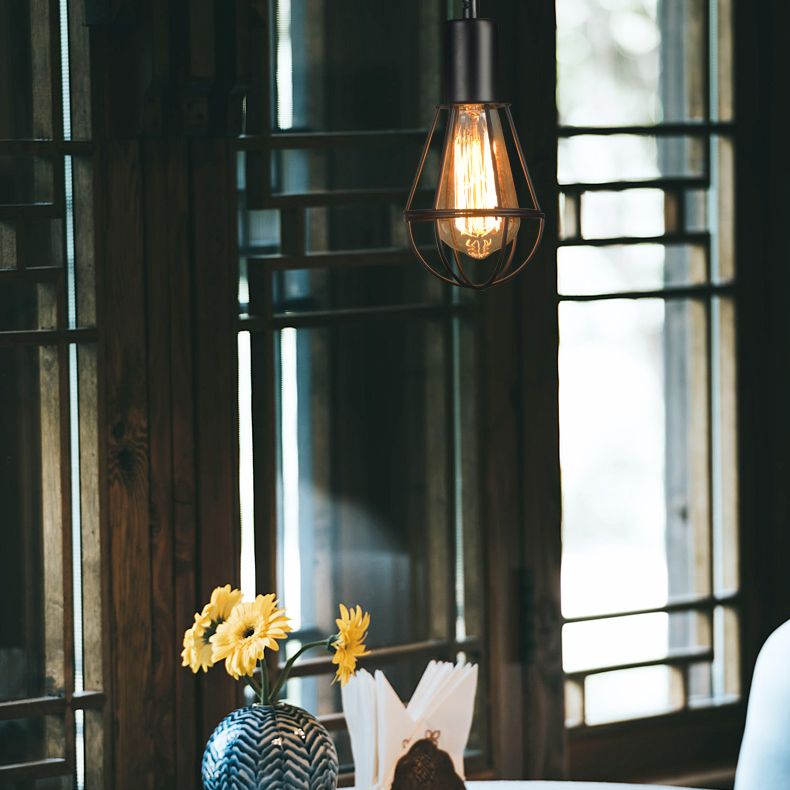 Zwarte industriële stijl plafond hanger draad kooi smeedijzeren lichtset voor eetkamer