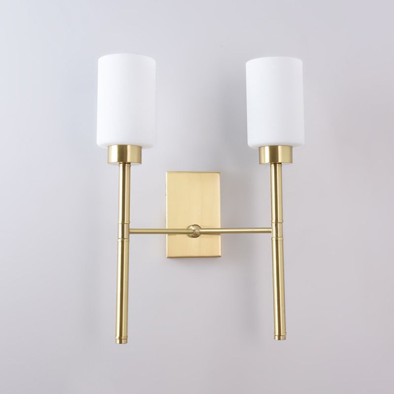 2 Bulbs Pencil Arm Sconce Contemporary Metal Wall Mounted Light Fixture in Brass with White Glass Shade