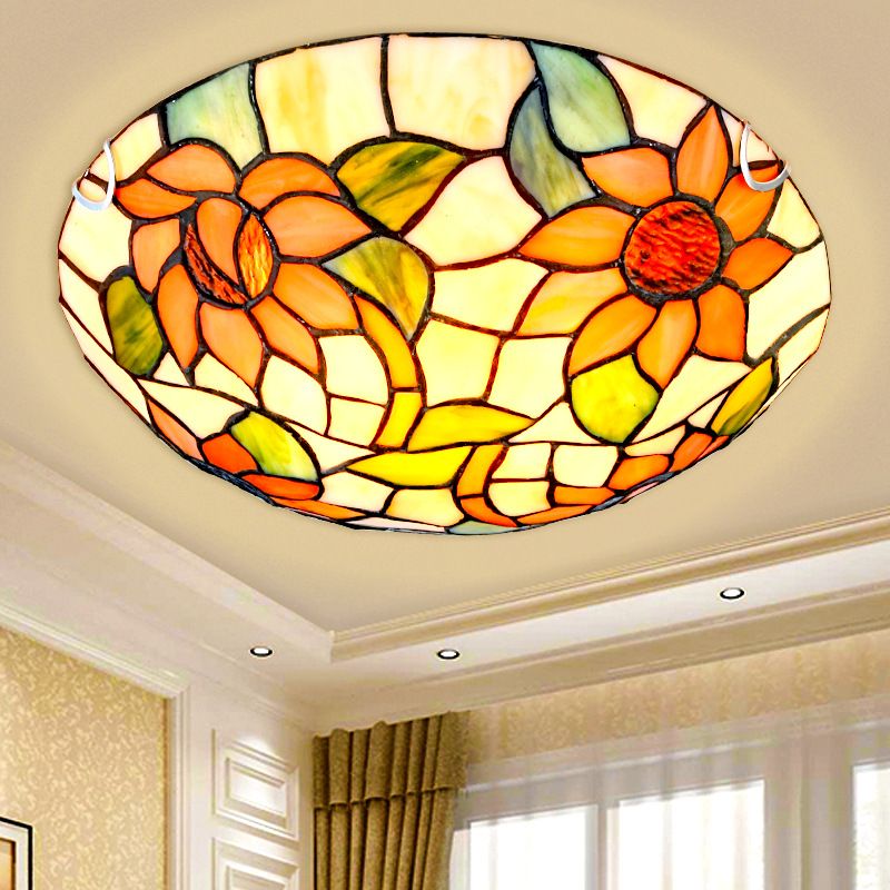 Sunflower Flush Mount Ceiling Light Tiffany Stained Glass Orange Flush Light in Bowl Shape