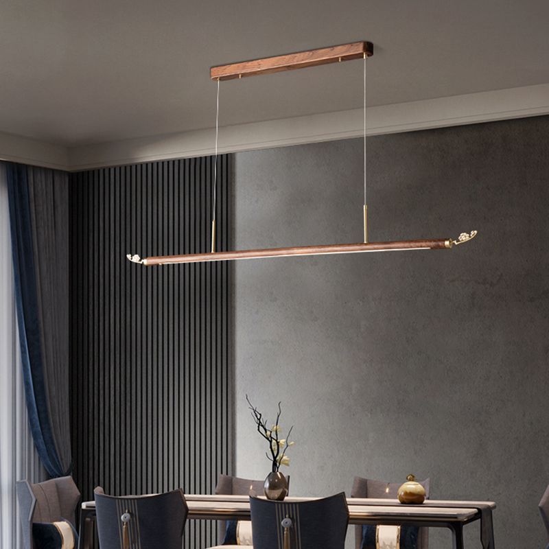 Modern Wood Ceiling Light Linear Shape Island Light with Plastic Shade for Living Room