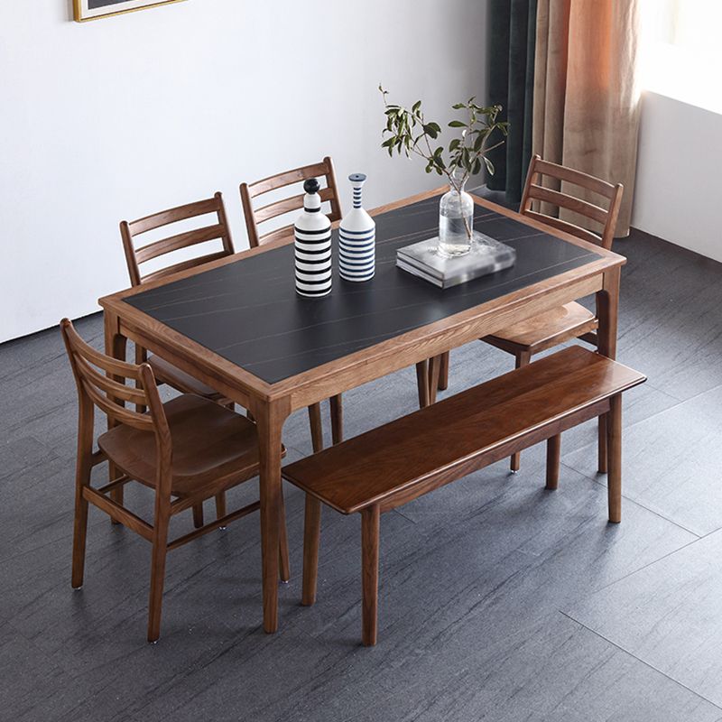 Sintered Stone Top Dining Table in Black Rectangle Table with Wooden Base and 4 Legs