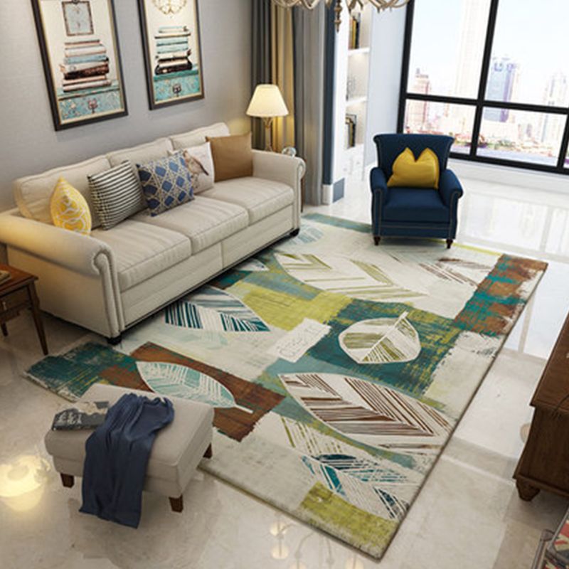 Novelty Botanical Striped Pattern Rug Green Polyester Rug Washable Carpet for Bedroom