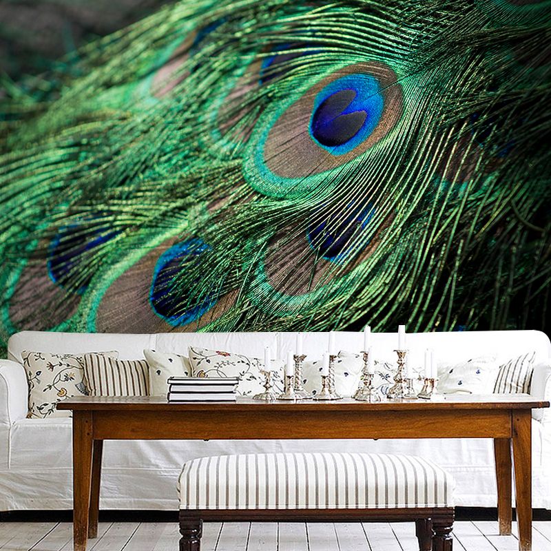Photography Style Peacock Feather Mural Wallpaper Moisture Resistant for Sitting Room