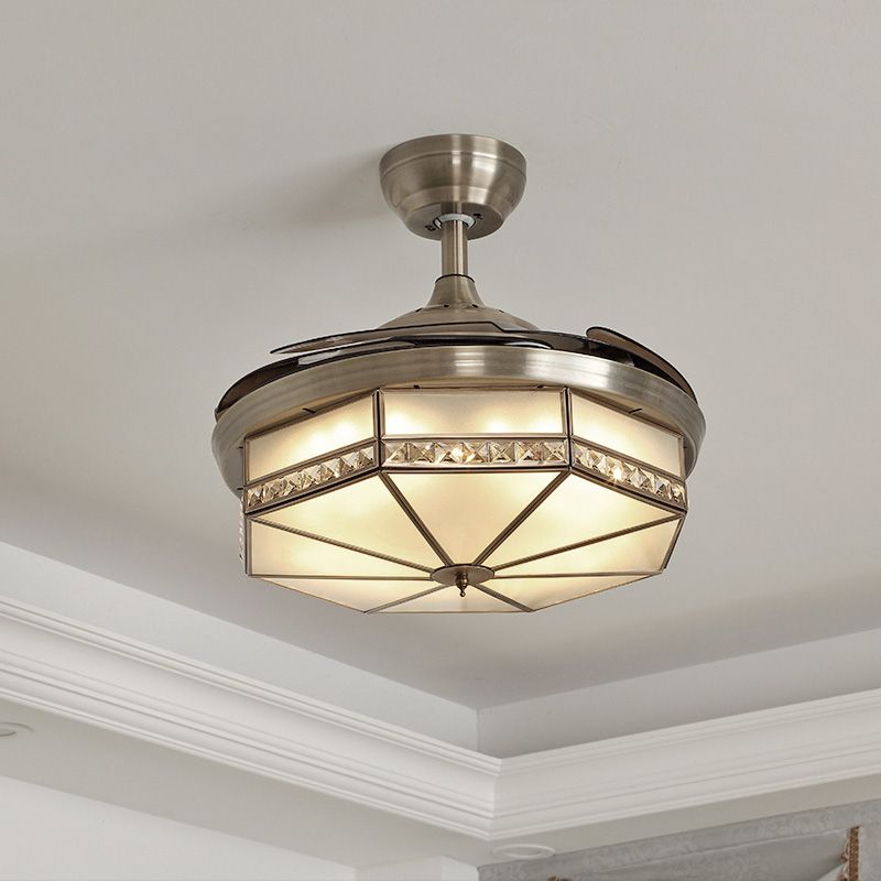 42,5 "breites Oktagon -LED -Deckenlüfter Vintage Bronze Kristall Halbflush -Montierung Leuchte mit 3 einziehbaren Klingen