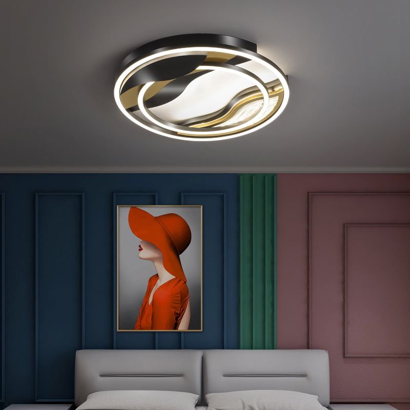 Black-Gold Loop Flush Mount Lamp Postmodern LED Metal Flushmount Lighting for Bedroom