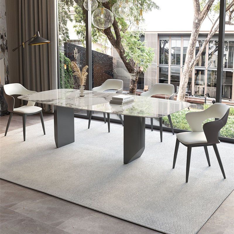 Sillones de comedor de cuero Sillas tapizadas con brazos con respaldo abierto y patas de metal
