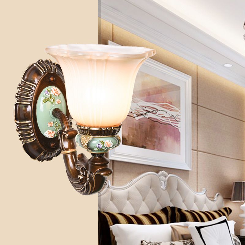 Frosted Glass Brown Wall Light Ridged Bell 1/2-Bulb Rural Wall Sconce Lighting for Guest Room