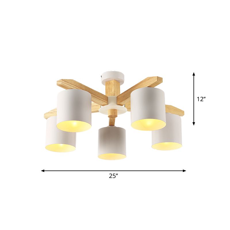 Sputnik Wooden Semi Mount Lighting Nordic 5/6/8-Light White Flush Ceiling Light with Cylindrical Metal Shade