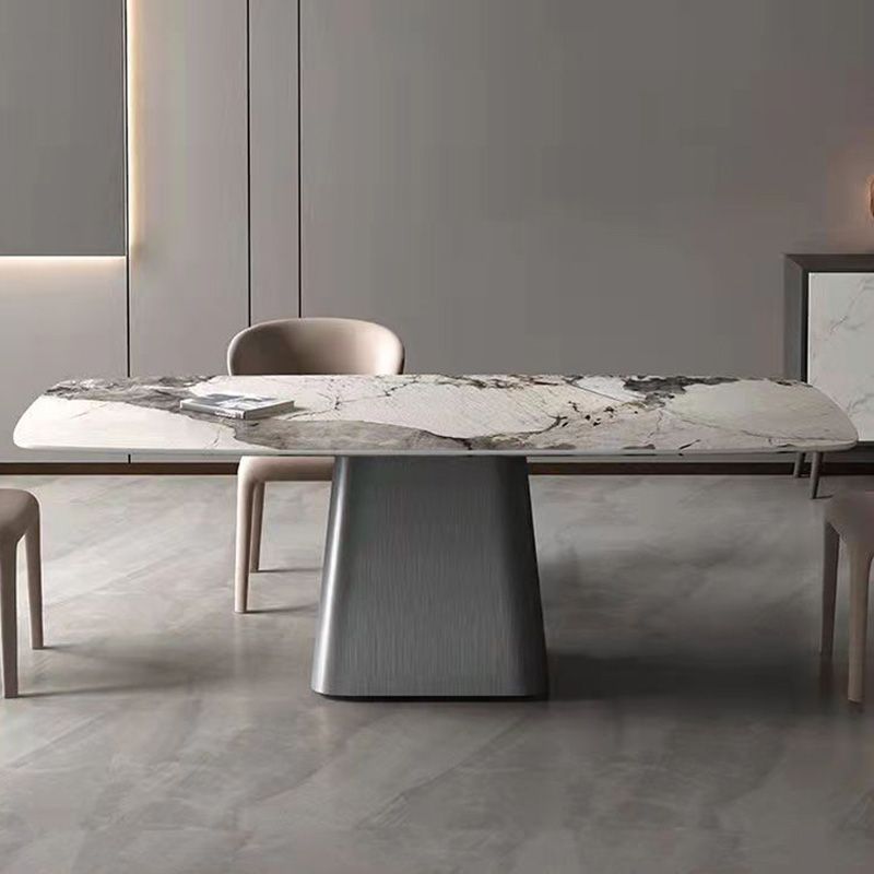 Traditional Rectangle Luxury Dining Table White Sintered Stone Table with Metal Pedestal Base