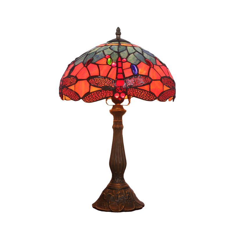 1 Bulb Night Table Lighting Tiffany Stained Art Glass Dragonfly Patterned Nightstand Light in Bronze