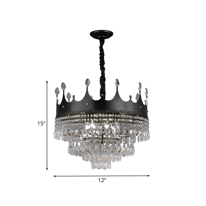 Metal Crown Chandelier Lighting Kids 4/5/6 Lights Black Hanging Lamp with Crystal Drop Decor over Dining Table
