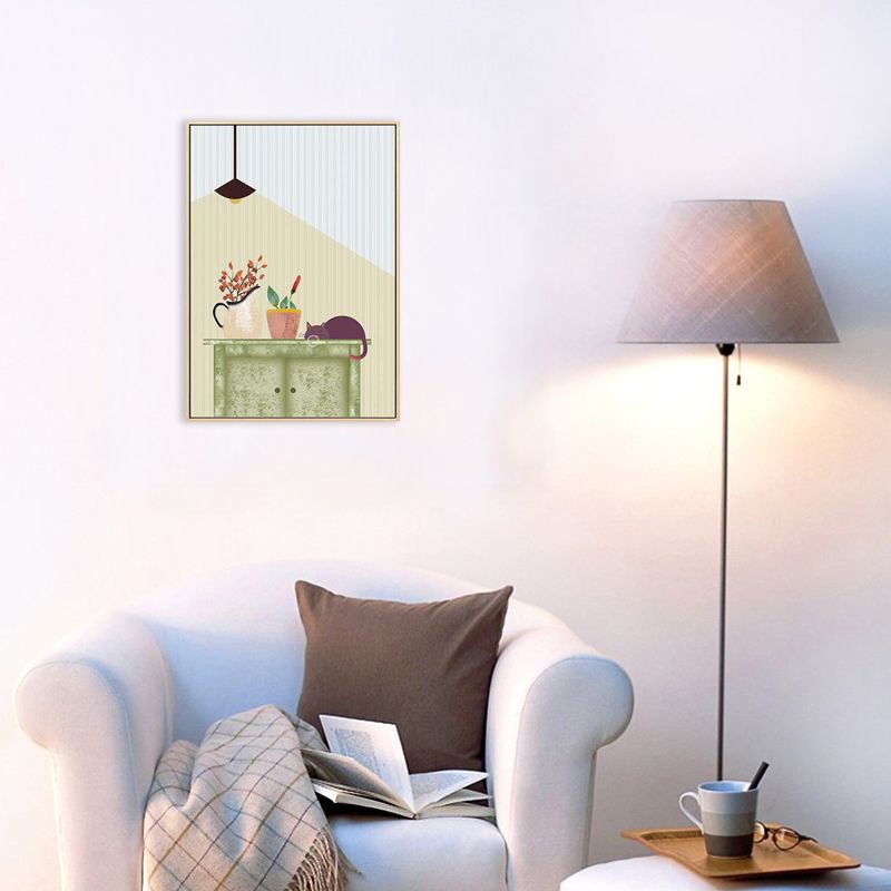 Textured Cat and Potting Painting Canvas Children's Art Wall Print for Guest Room