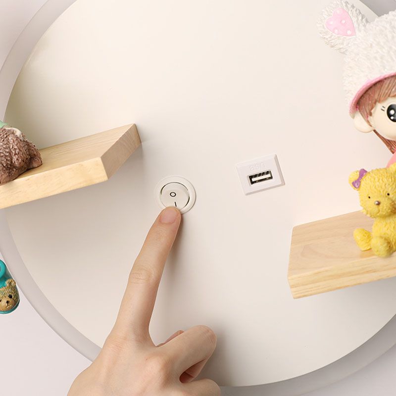 LED Circle Wall Sconce Nordic Wooden Kids Bedroom Wall Light with Shelf and Figurine