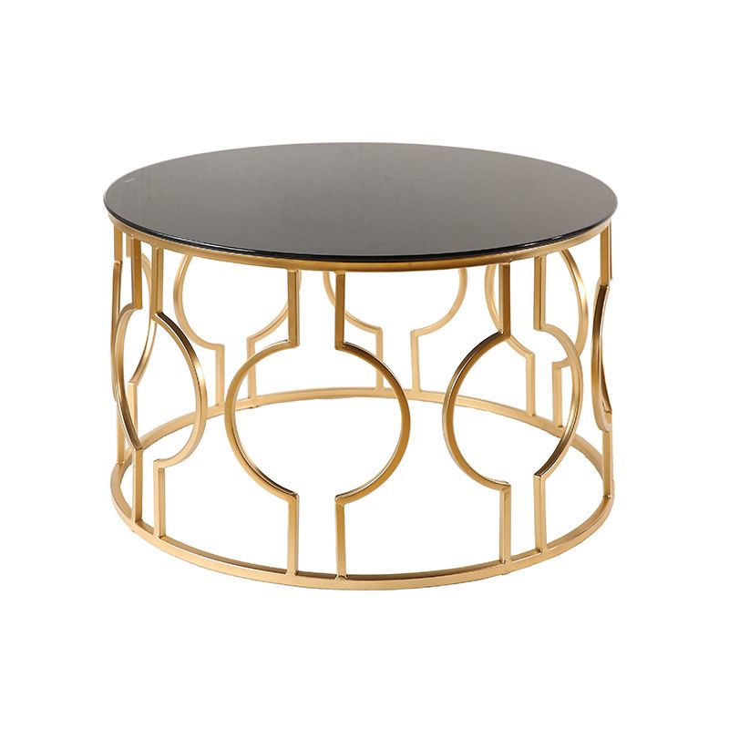 Contemporary Round Glass Coffee Table with Iron Frame Base Cocktail Table