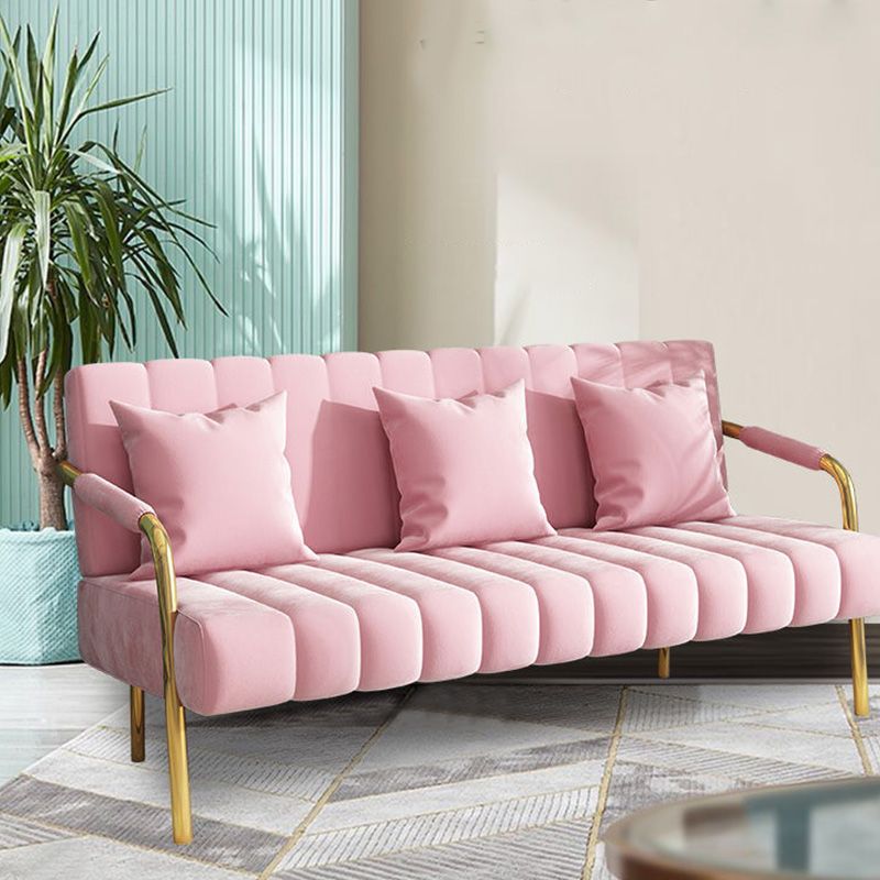 Recessed Arm Sofa Stain Velvet/Faux Leather Sofa with Pillows