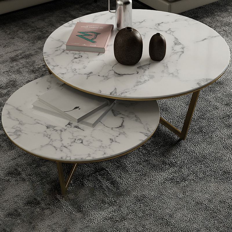 Glam White Frame Coffee Table Round Slate Top Cocktail Table