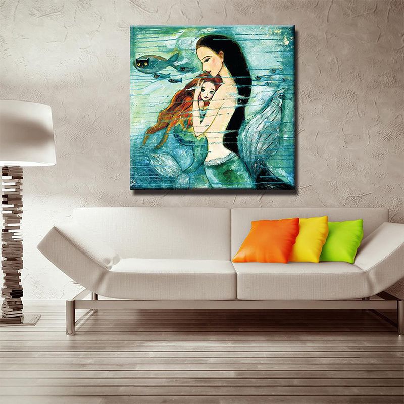 Fantasy Wall Art Kids Style Myth Mermaid Drawing Canvas Print in Green for Home