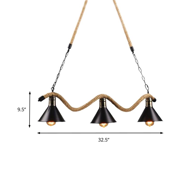 Farmhouse Style Conic Island Lamp 3/5 Bulbs Metal and Rope Pendant Light with Wavy Design in Black