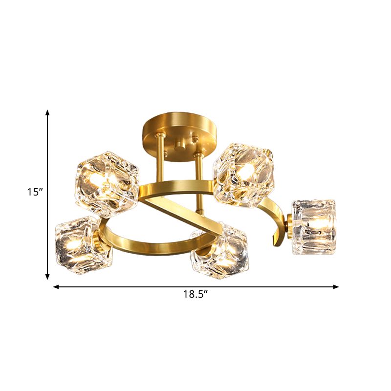 Cubic Clear Crystal Shade Deckenleuchte Contemporary 5/7 Heads Bedkammer Semi Flush Light in Gold