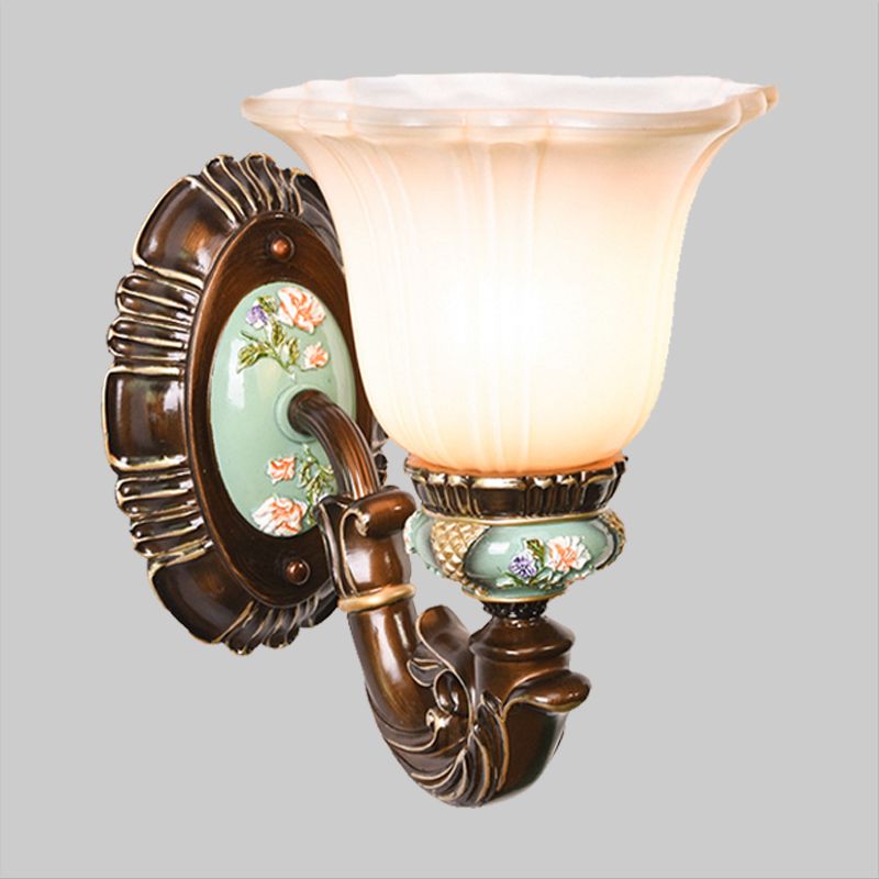 Frosted Glass Brown Wall Light Ridged Bell 1/2-Bulb Rural Wall Sconce Lighting for Guest Room