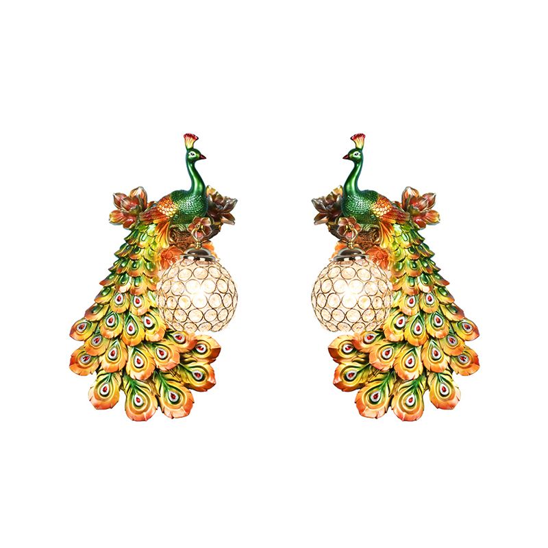 Blue/White Peacock Wall Mounted Light 1 Light Loft Style Resin 1/2-Pack Wall Lamp with Dome Crystal Shade, Double/Right/Left