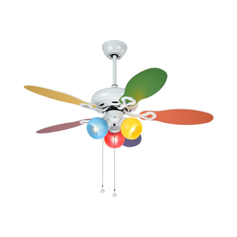 Ventilador de techo de globo iluminación de niños estilo azul-amarillo azul 3 luces de 42 "w lámpara de montaje de semi rascilla blanca con 5 cuchillas multicolores
