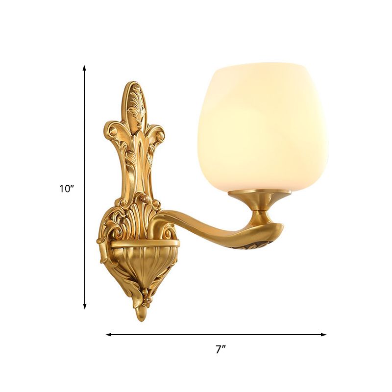 Conical Ivory Glass Wall Mounted Lamp Vintage 1/2-Bulb Bedroom Wall Lighting Fixture in Gold