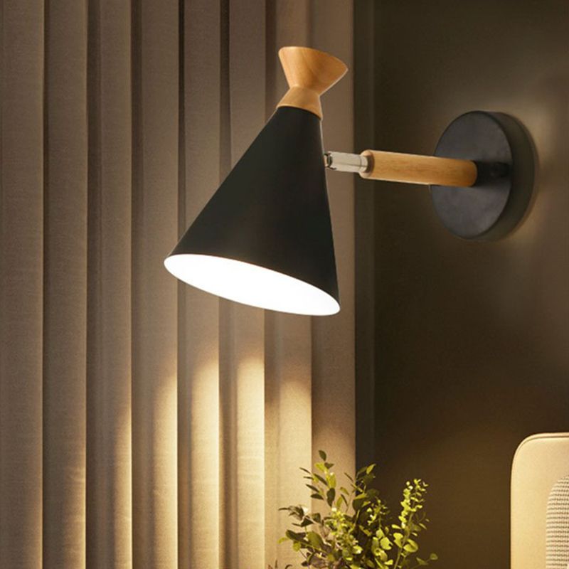 Iron Conical Wall Mounted Lamp Contemporary 1 Bulb Wall Lighting Ideas with Wood Top